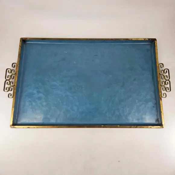 Vintage Mid Century Kyes Moire’ Glaze Brass and Enamel Teal Blue Tray 1960s 18" - Picture 1 of 5